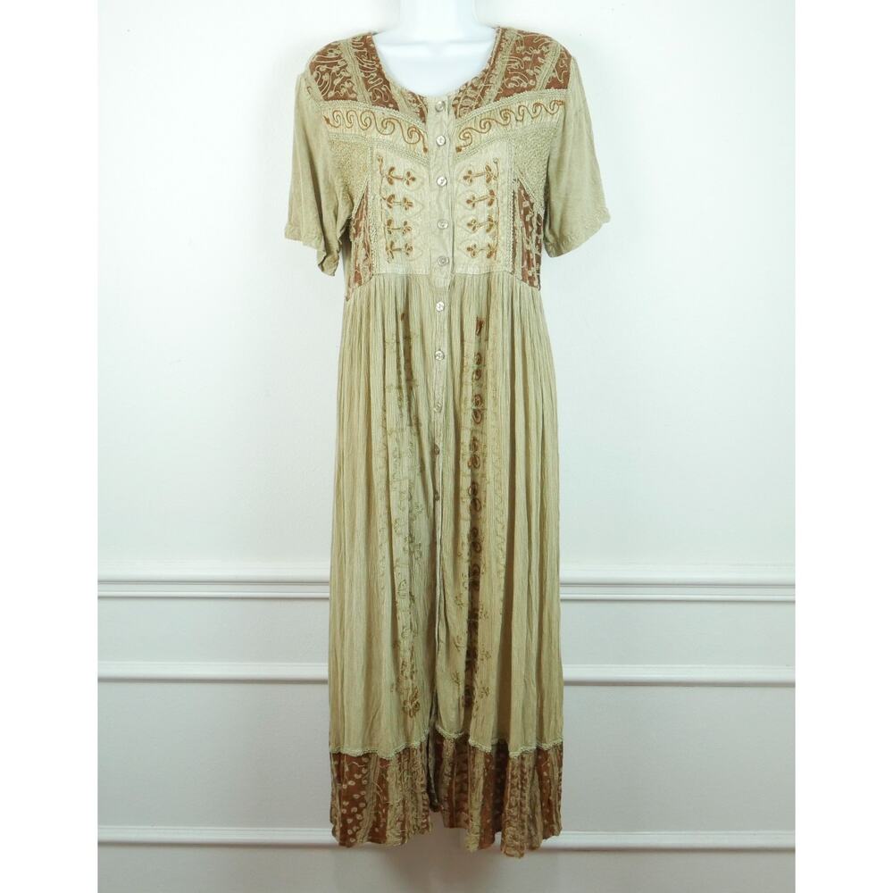 Vintage 90s XL Maxi Dress Embroidered Crinkle Festival Grunge Renaissance Button